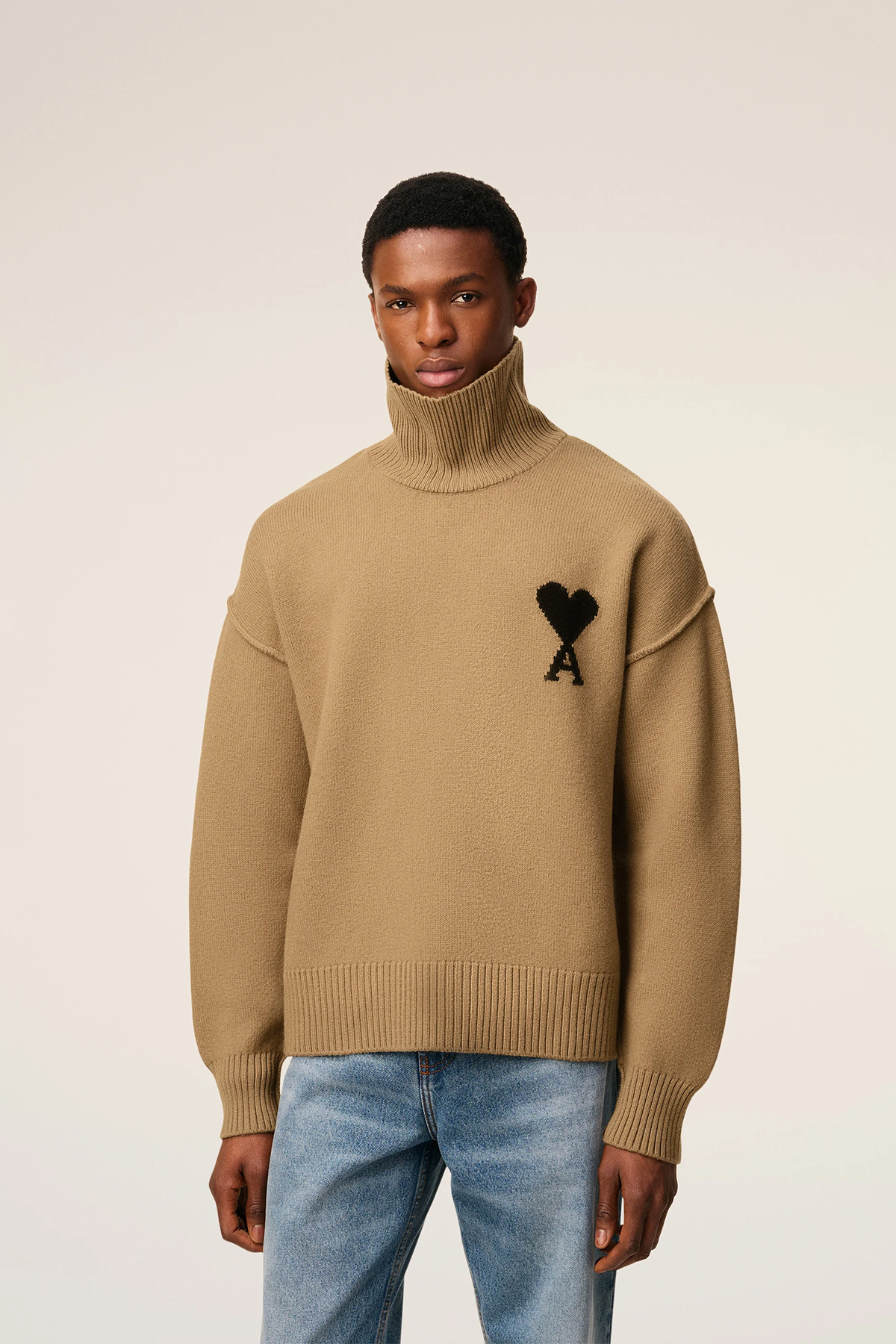 AMI Paris Herren Strickpullover mit Stehkragen Braun CAMEL/NOIR 288H25 Bild 3
