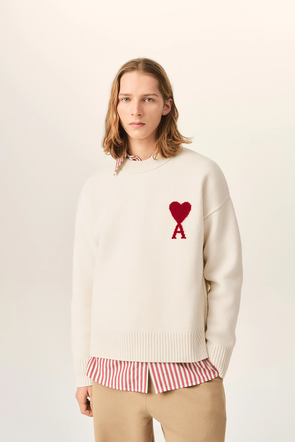 AMI Paris Herren Strickpullover Off-White/Rot NATUR-WEISS Bild 2