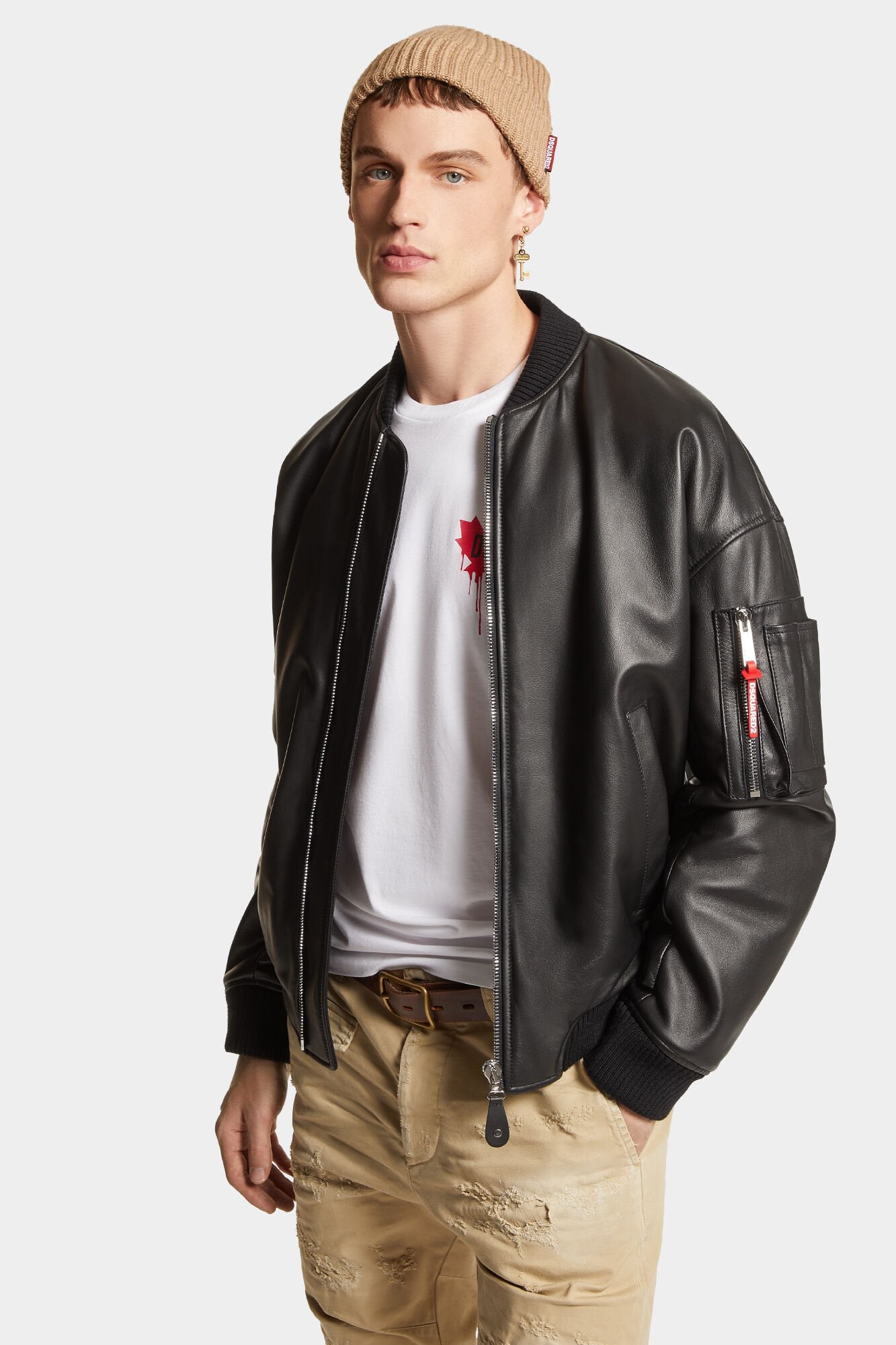 Dsquared2 Herren Leder Bomber Jacke Schwarz SCHWARZ Bild 3