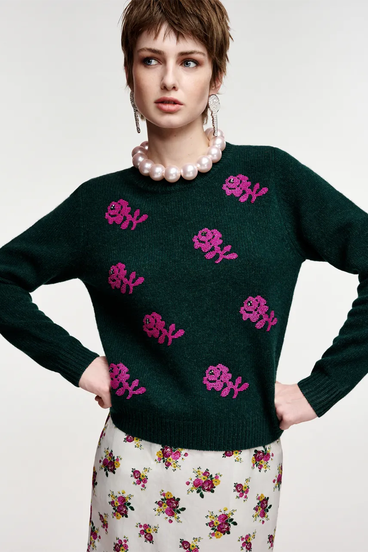 Essentiel Antwerp Damen Jacquard-Wollpullover mit Blumenmuster Korine Dunkelgrün K3FW Bild 3