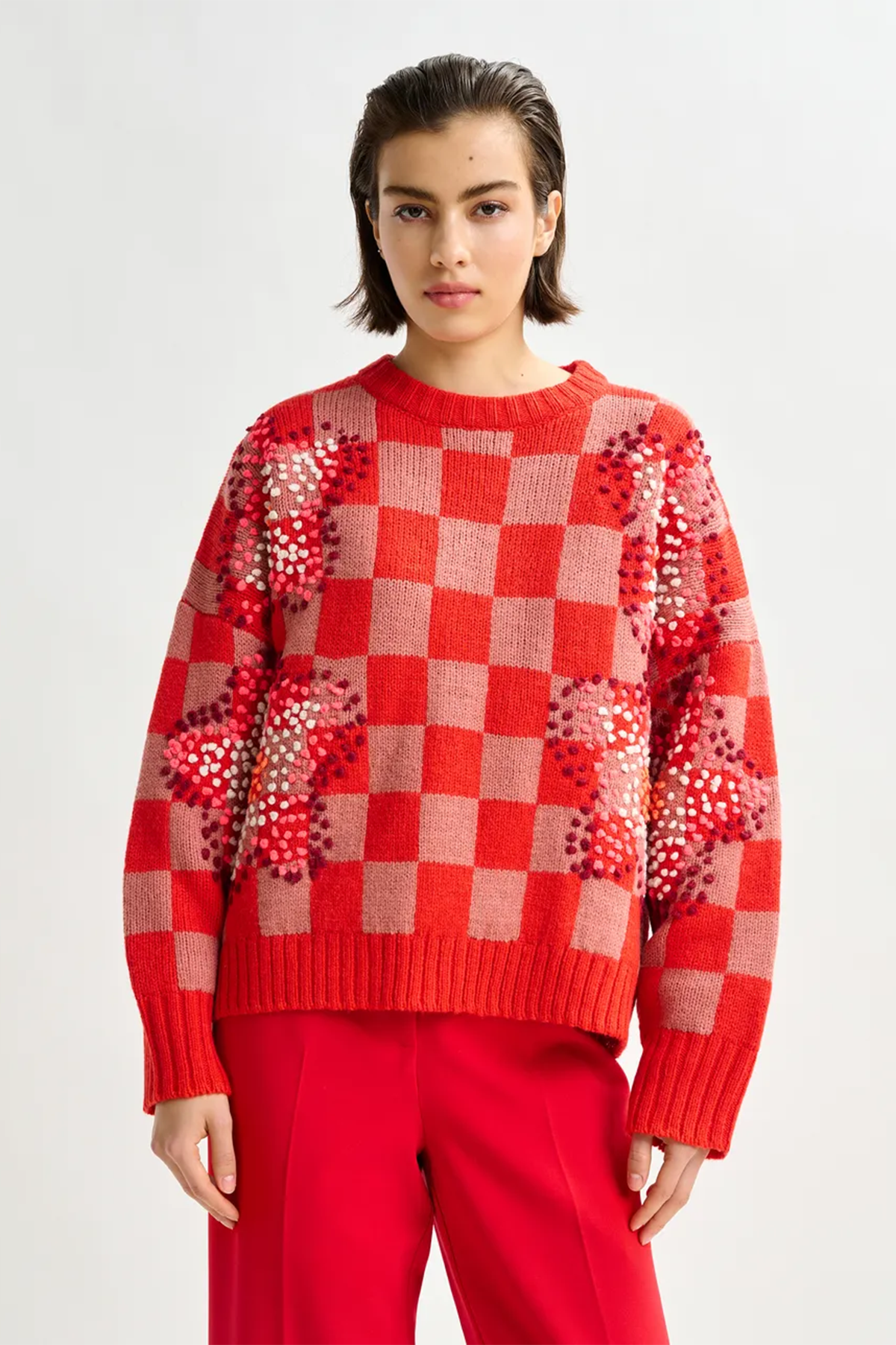 Essentiel Antwerp Damen Strickpullover Inter Schachbrettmuster Rot Combo1 Santa Claus Bild 2