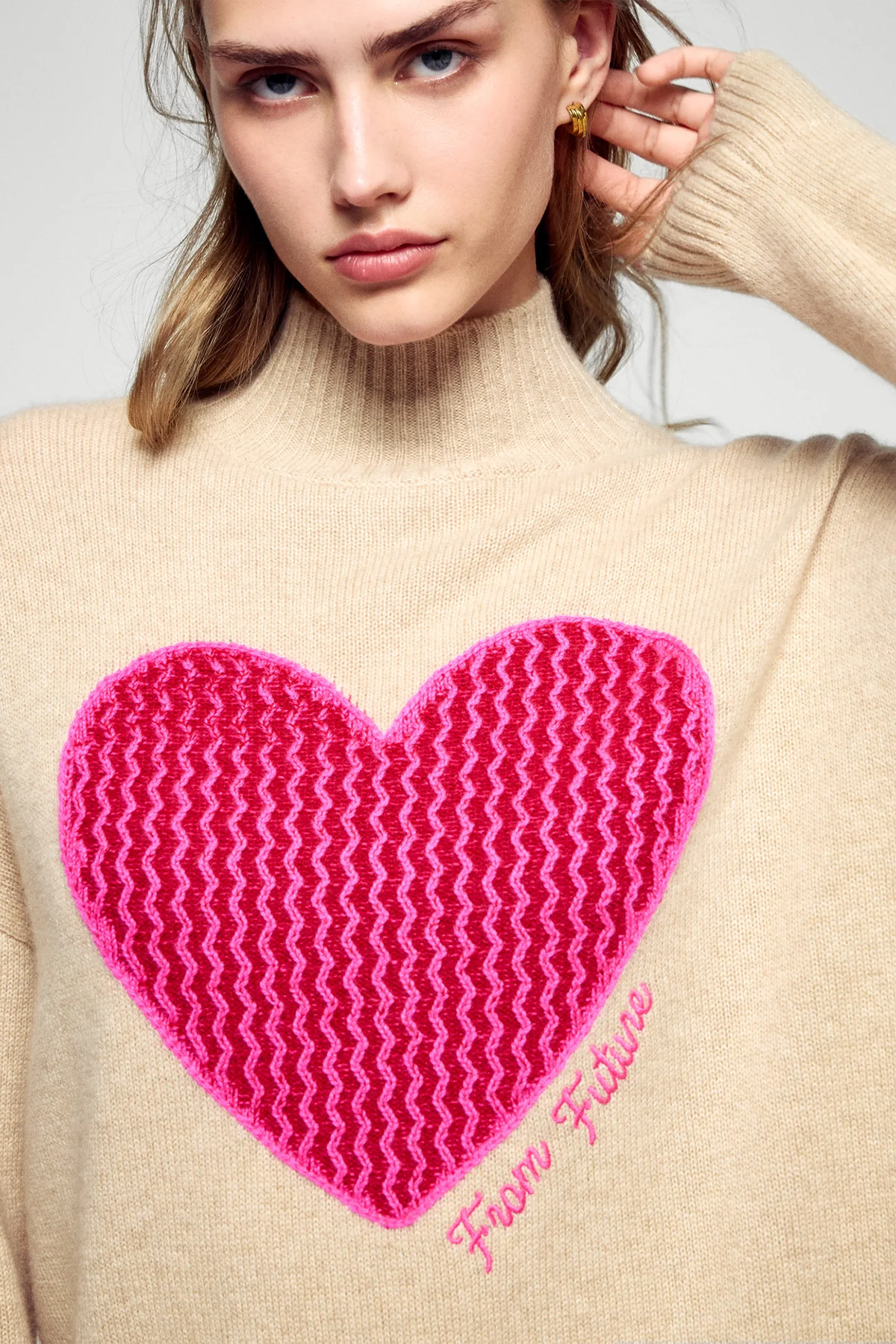 FROM FUTURE Damen Kaschmirpullover mit Stehkragen Beige BEIGE Bild 4