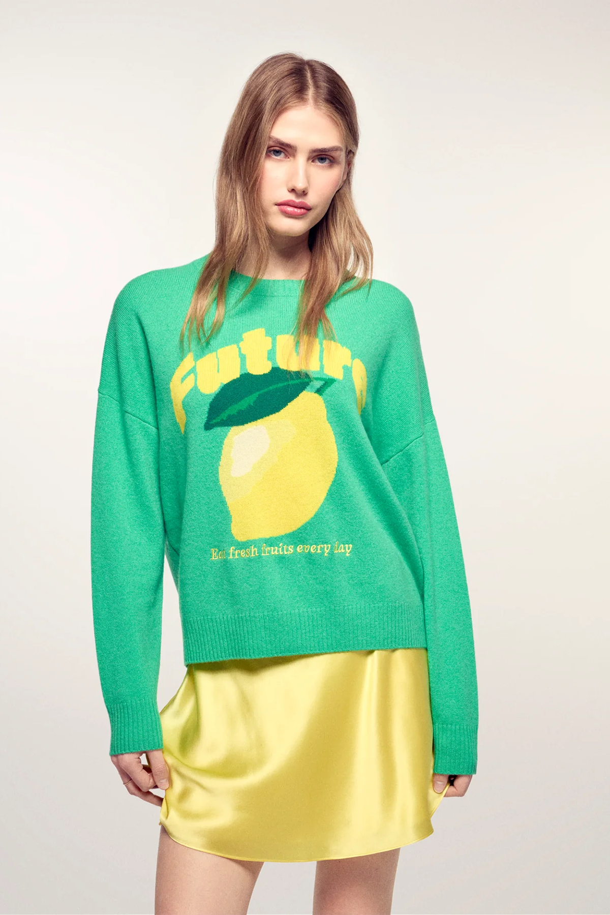 FROM FUTURE Damen Kaschmirpullover mit Zitronenmotiv Grün GRÜN Bild 2