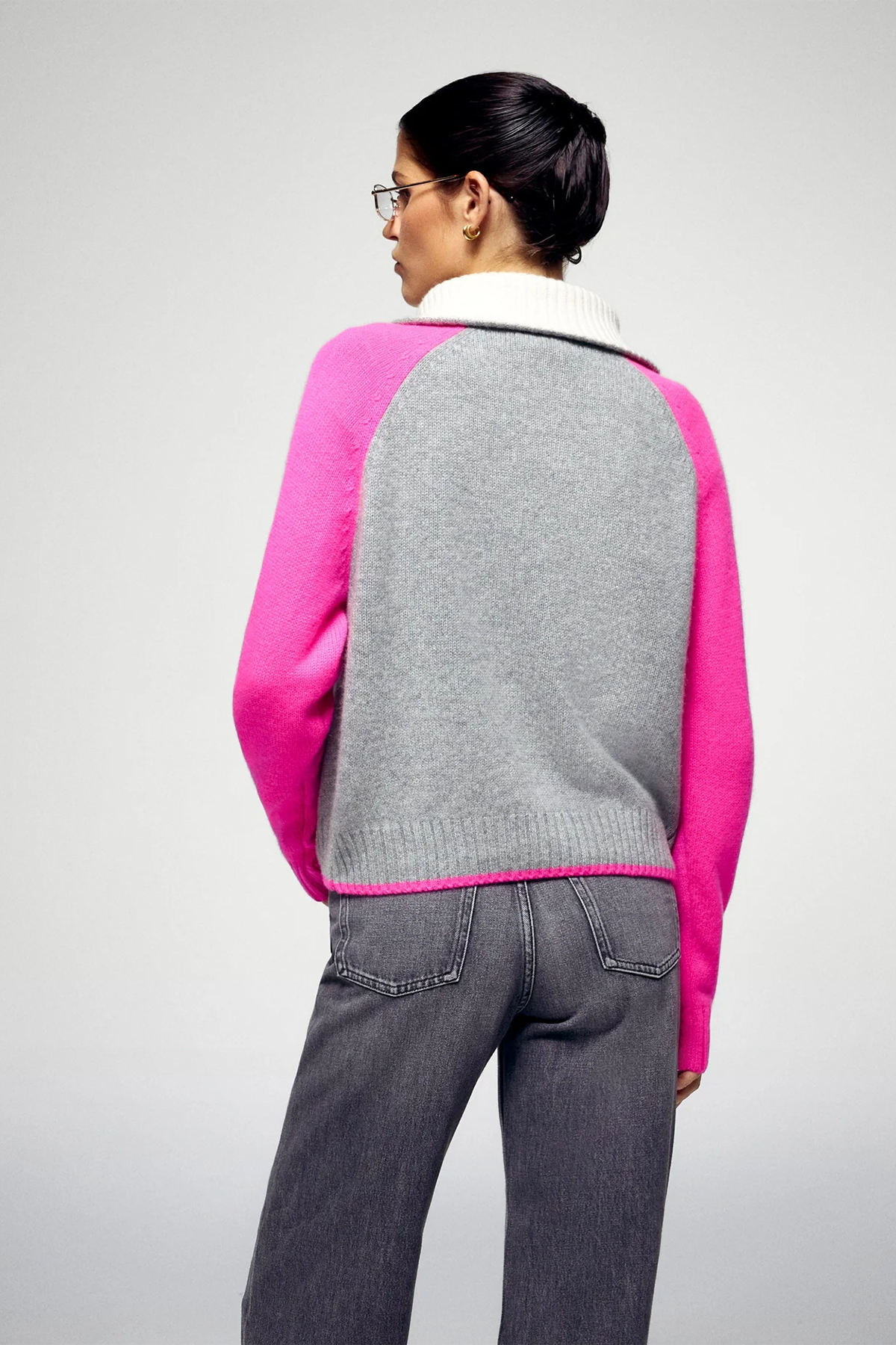 FROM FUTURE Damen Kaschmirpullover Troyerkragen Grau/Pink 1500 GRIS CHINE FONCE Bild 3