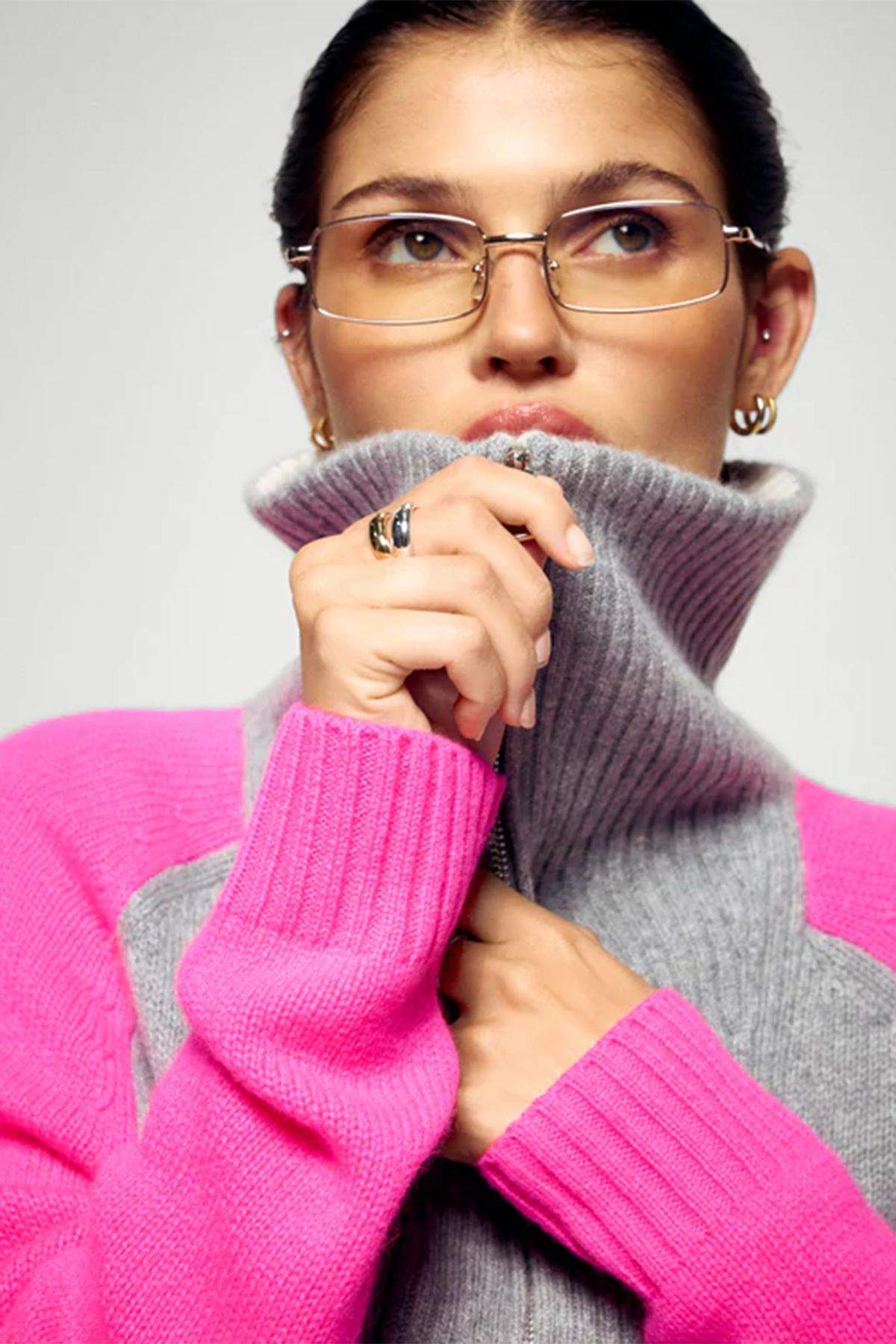 FROM FUTURE Damen Kaschmirpullover Troyerkragen Grau/Pink 1500 GRIS CHINE FONCE Bild 4