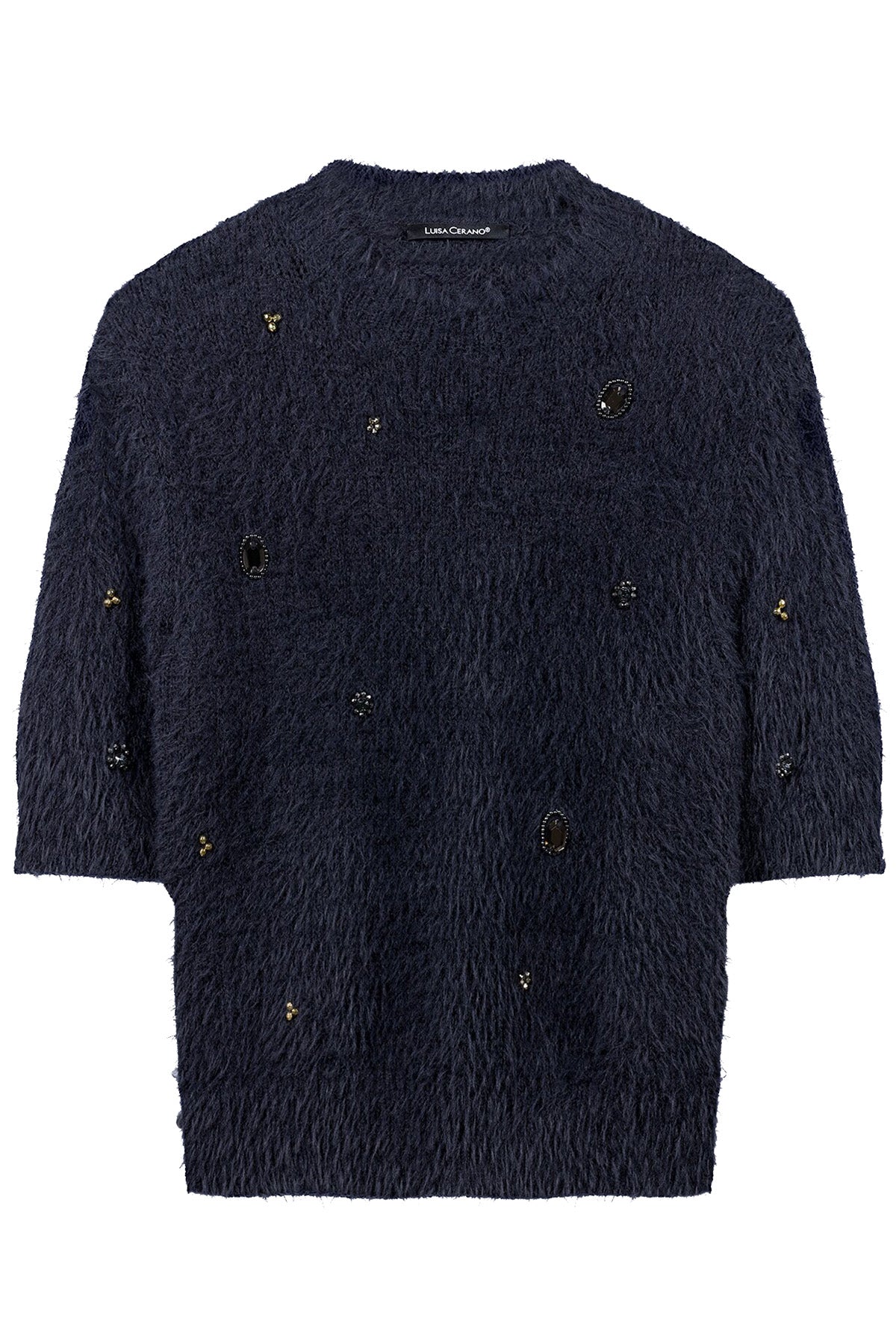 Luisa Cerano Damen Kurzarm-Pullover mit Schmucksteinen, Dunkelblau dark blue Bild 1