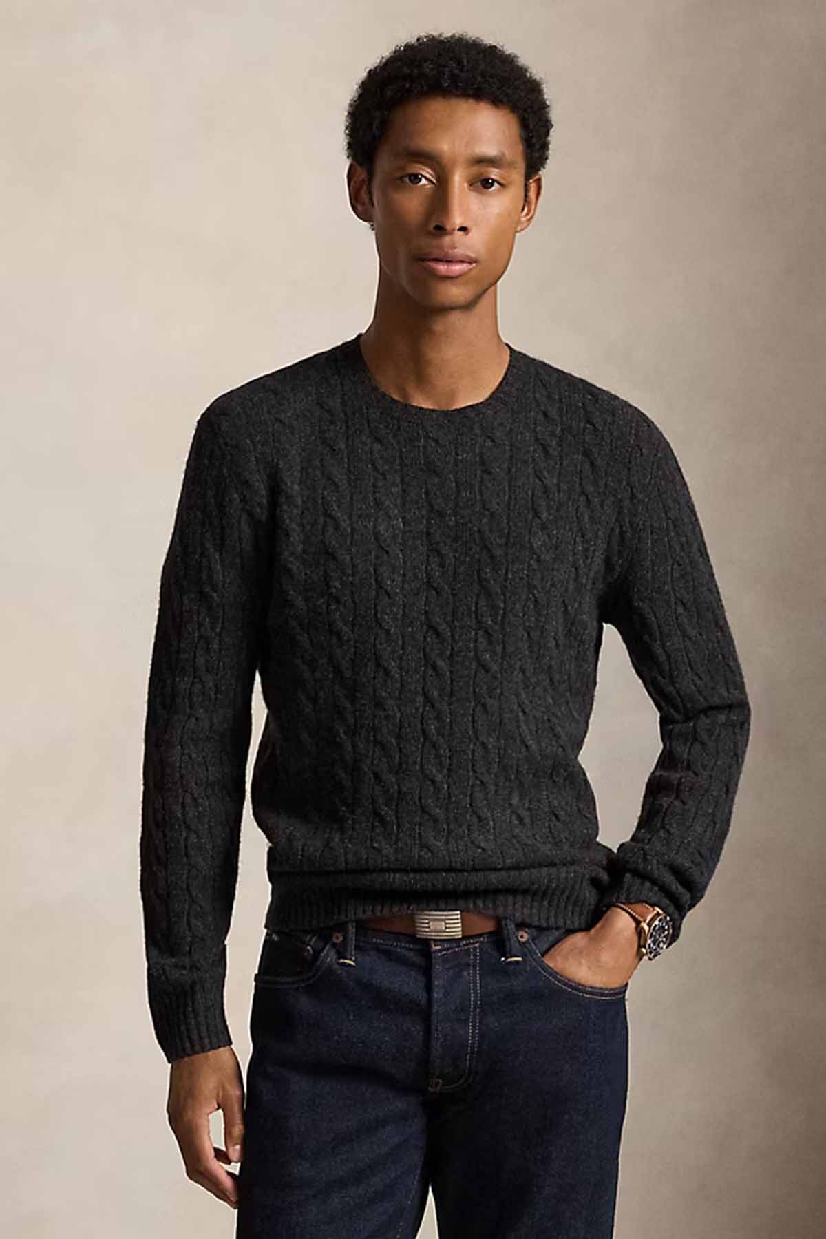 Polo Ralph Lauren Herren Strickpullover mit Zopfmuster Dark Granite Heather ANTHRAZIT GRAU Bild 2