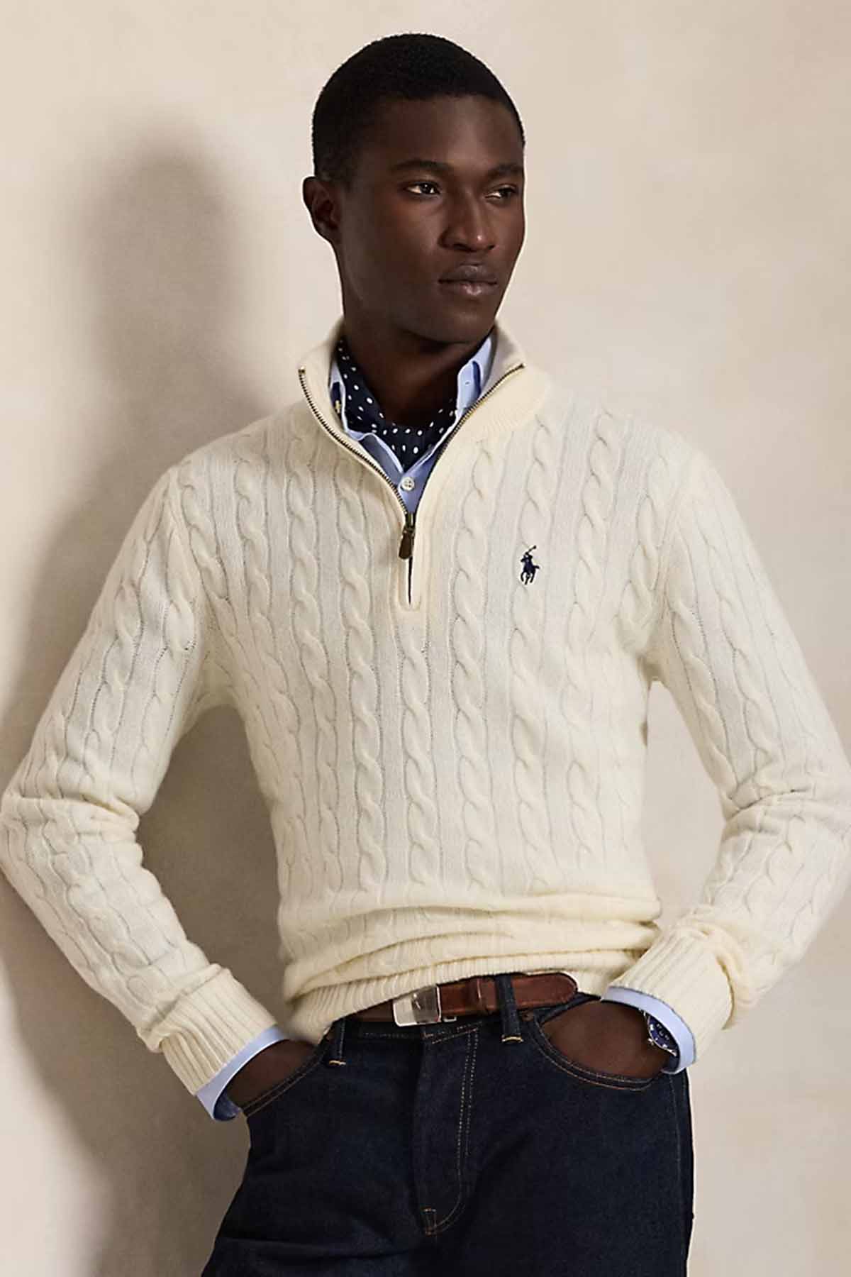 Polo Ralph Lauren Herren Strickpullover mit Zopfmuster und Reißverschluss Andover Cream NATUR-WEISS Bild 2
