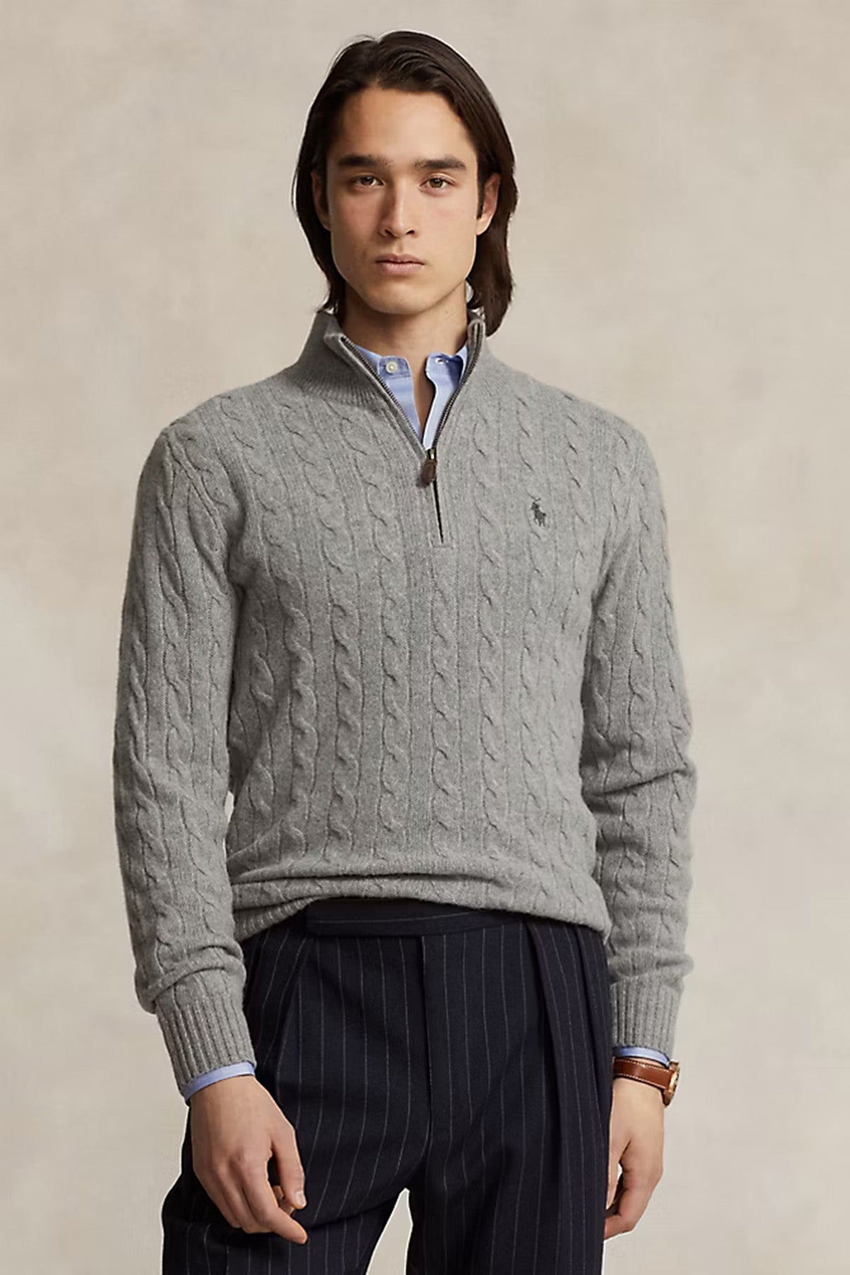 Polo Ralph Lauren Herren Strickpullover mit Zopfmuster und Reißverschluss Fawn Grey Heather GRAU Bild 2