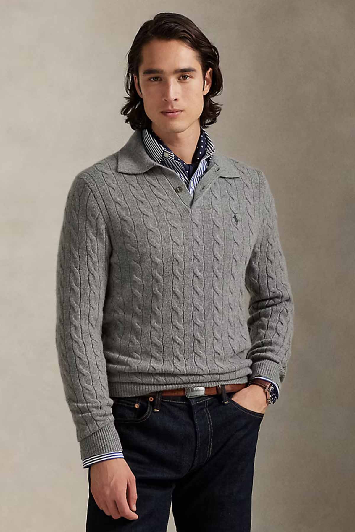 Polo Ralph Lauren Herren Strickpullover mit Zopfmuster und Kragen Grau Meliert GRAU Bild 2