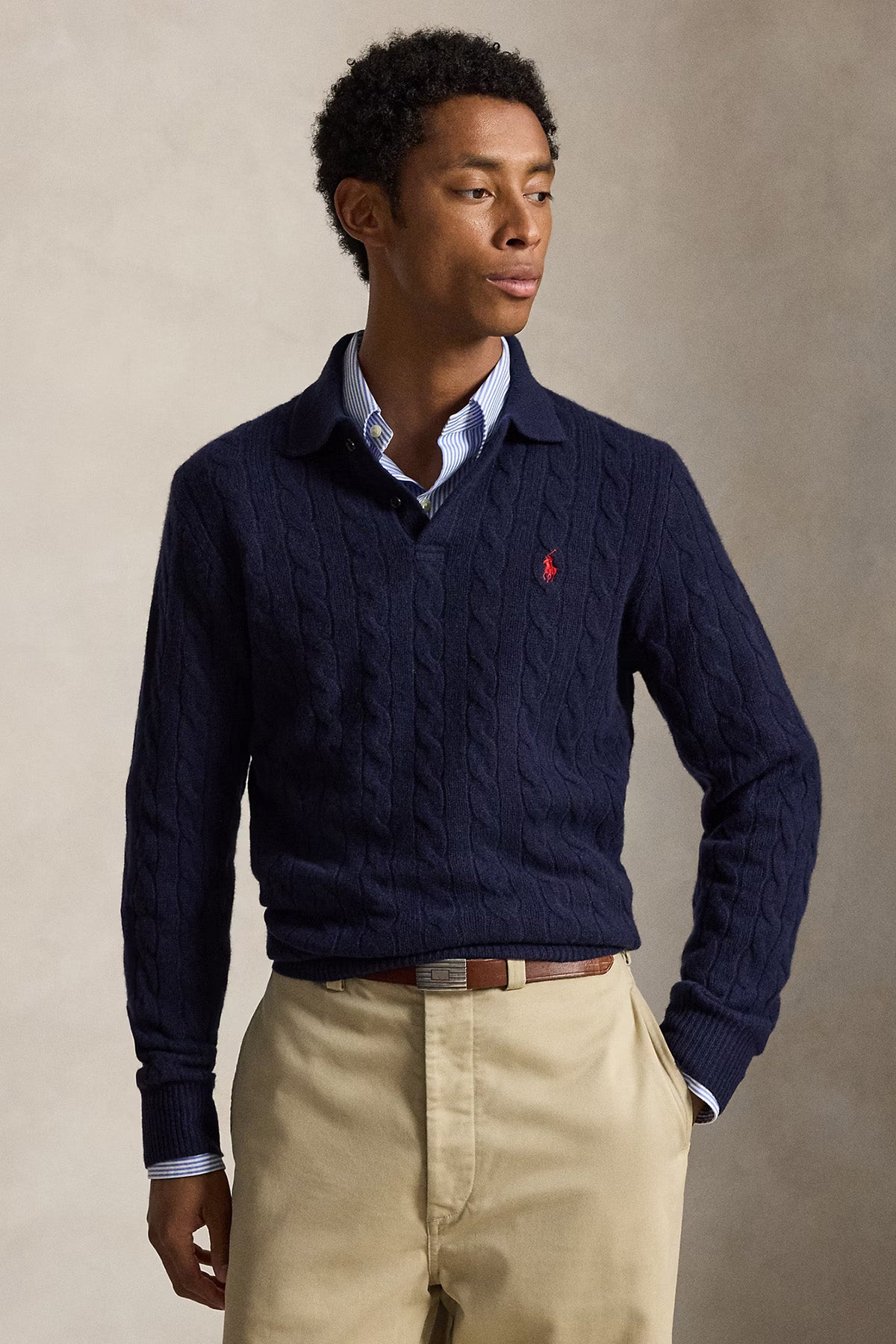Polo Ralph Lauren Herren Strickpullover mit Zopfmuster und Kragen Hunter Navy MARINE-BLAU Bild 2
