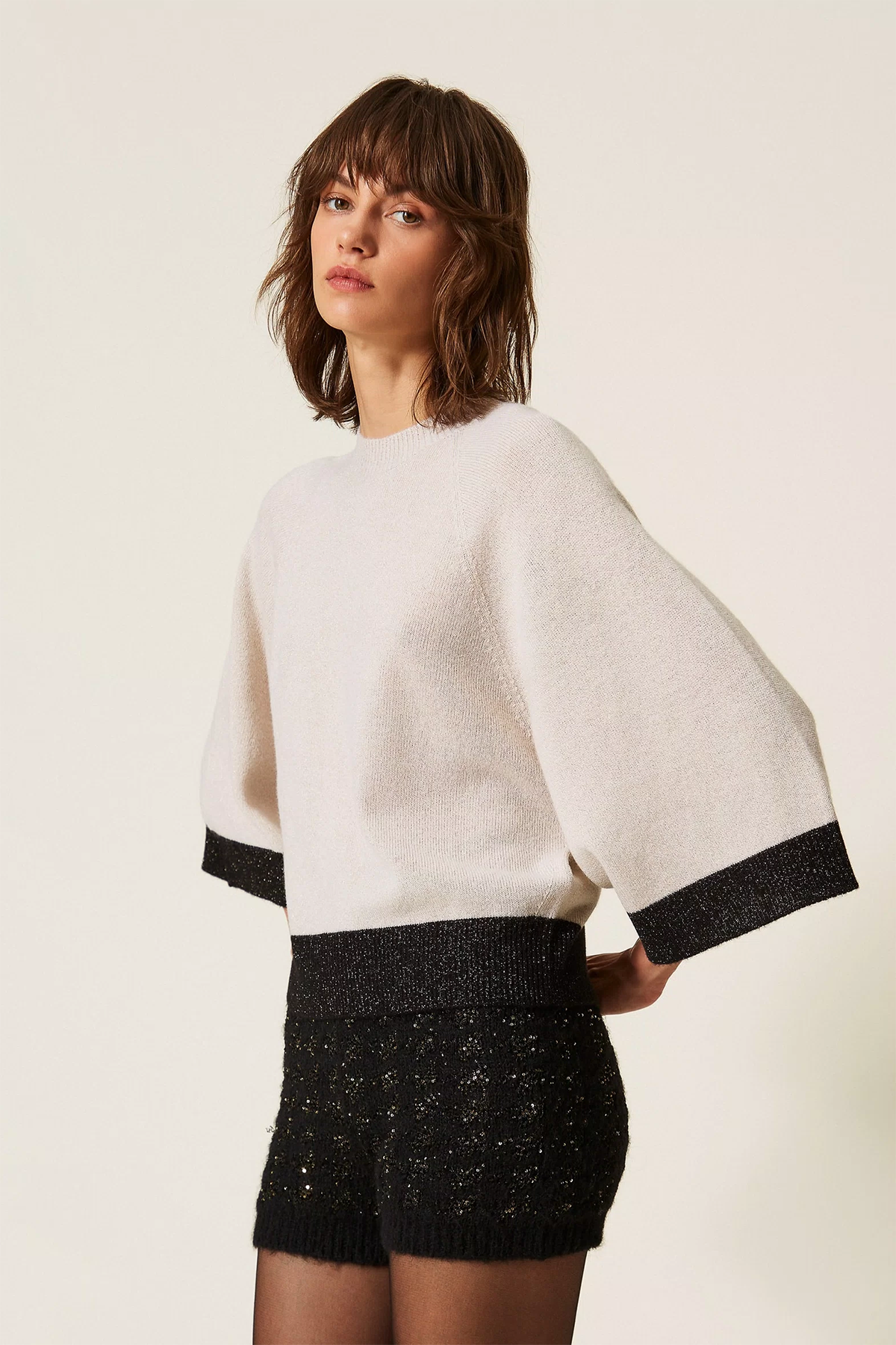 Twin Set Damen Cropped-Pullover mit Lurex Beige 13930 Bild 2
