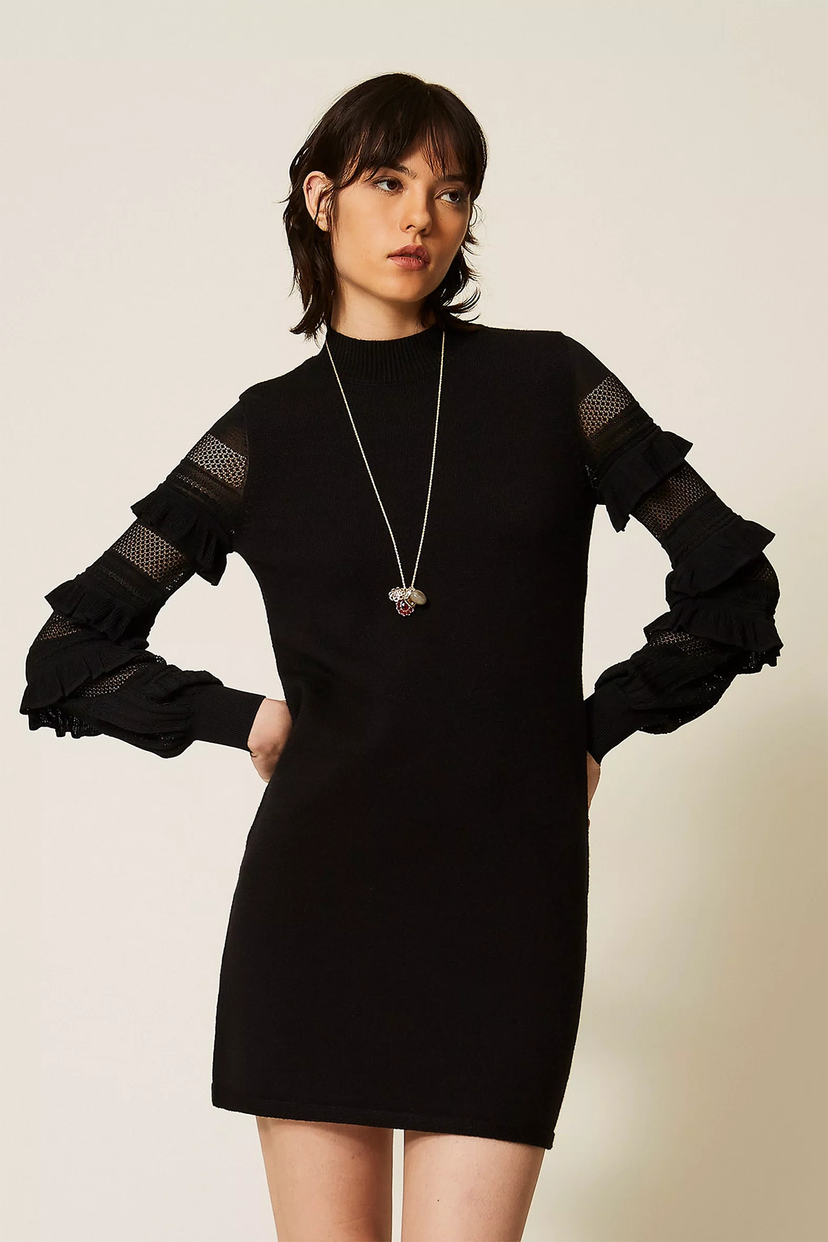 Twin Set kurzes Damen Strickkleid mit Netzmaschen Schwarz 00006-NERO Bild 2