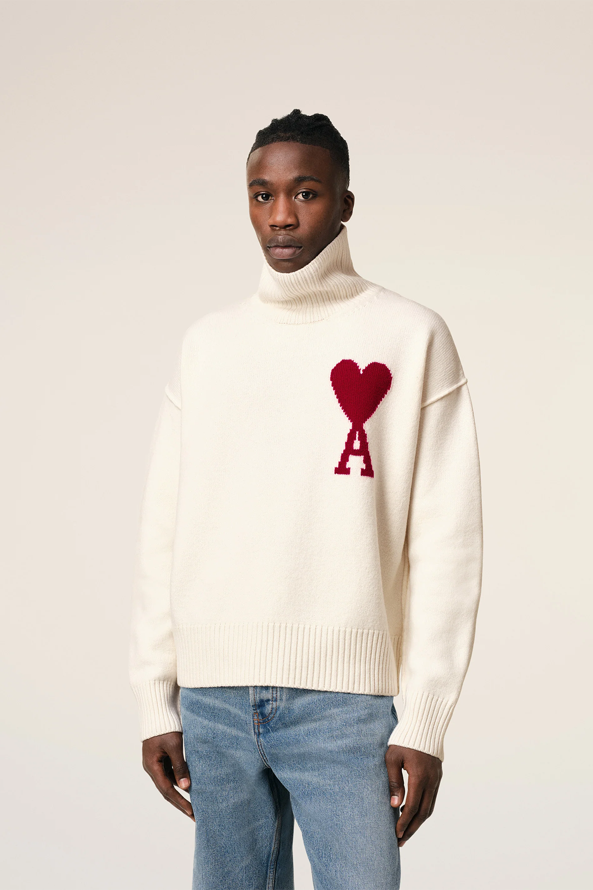 AMI Paris Herren Strickpullover mit Stehkragen Natur Weiss ECRU/ROUGE 154H25 Bild 2