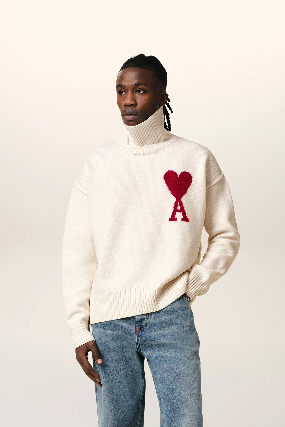 AMI Paris Herren Strickpullover mit Stehkragen Natur Weiss ECRU/ROUGE 154H25 Bild 3