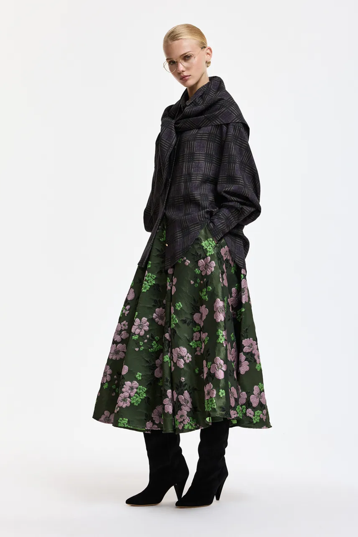 Essentiel Antwerp Damen Jacquard-Midirock mit Blumenmuster Kathyanne Grün/Rosa OLIVE Bild 2