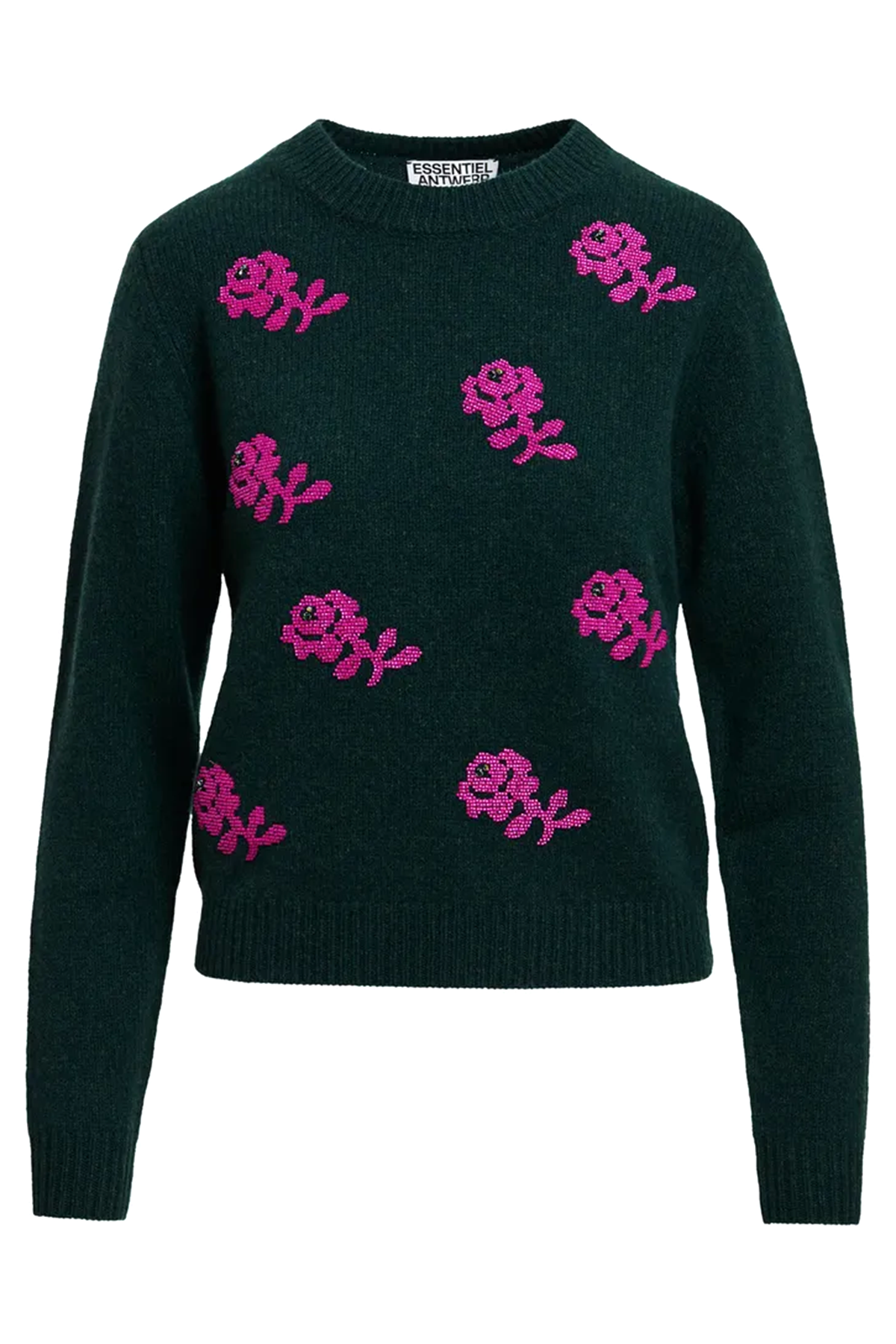 Essentiel Antwerp Damen Jacquard-Wollpullover mit Blumenmuster Korine Dunkelgrün K3FW Bild 1