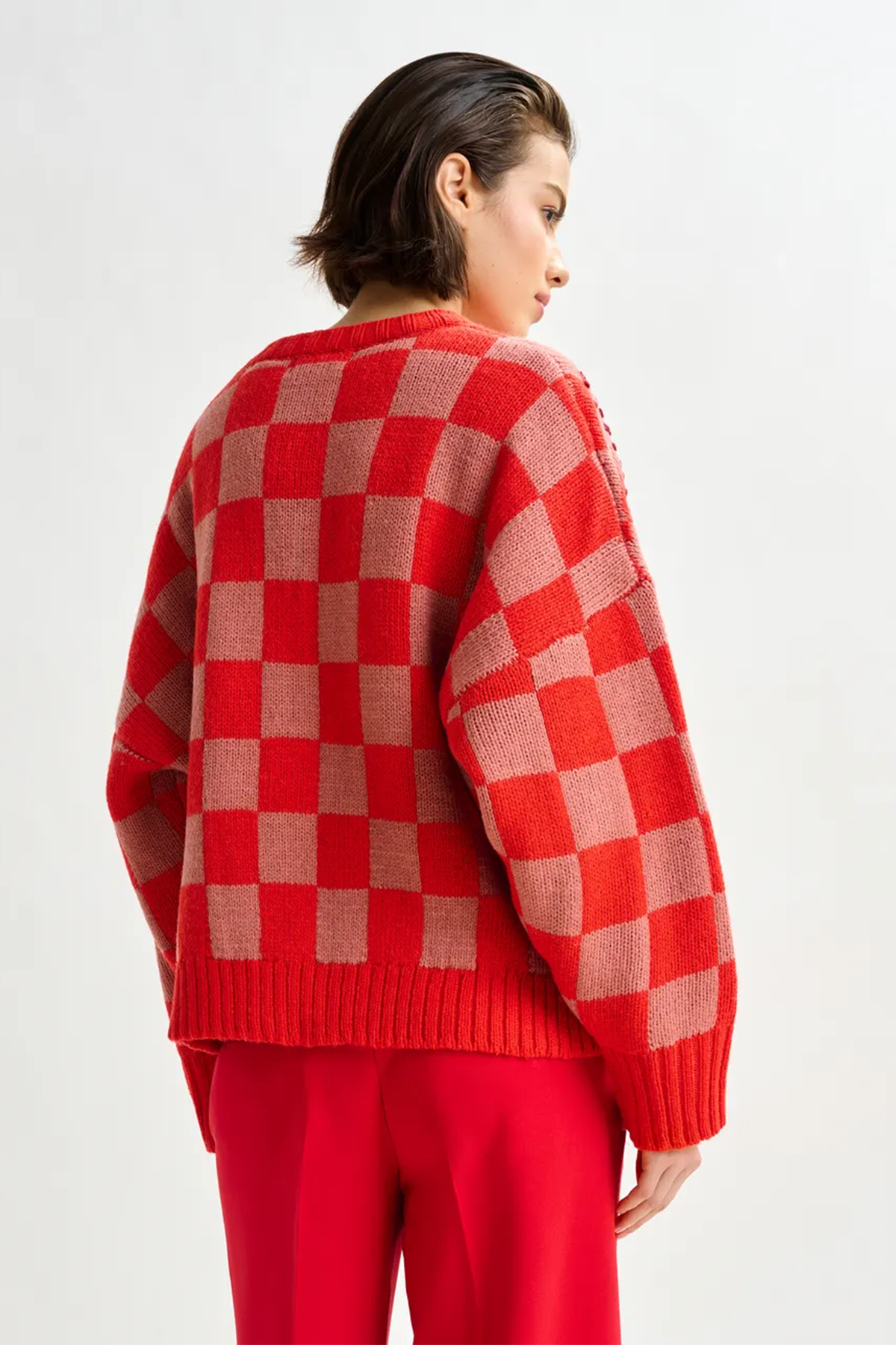 Essentiel Antwerp Damen Strickpullover Inter Schachbrettmuster Rot Combo1 Santa Claus Bild 3