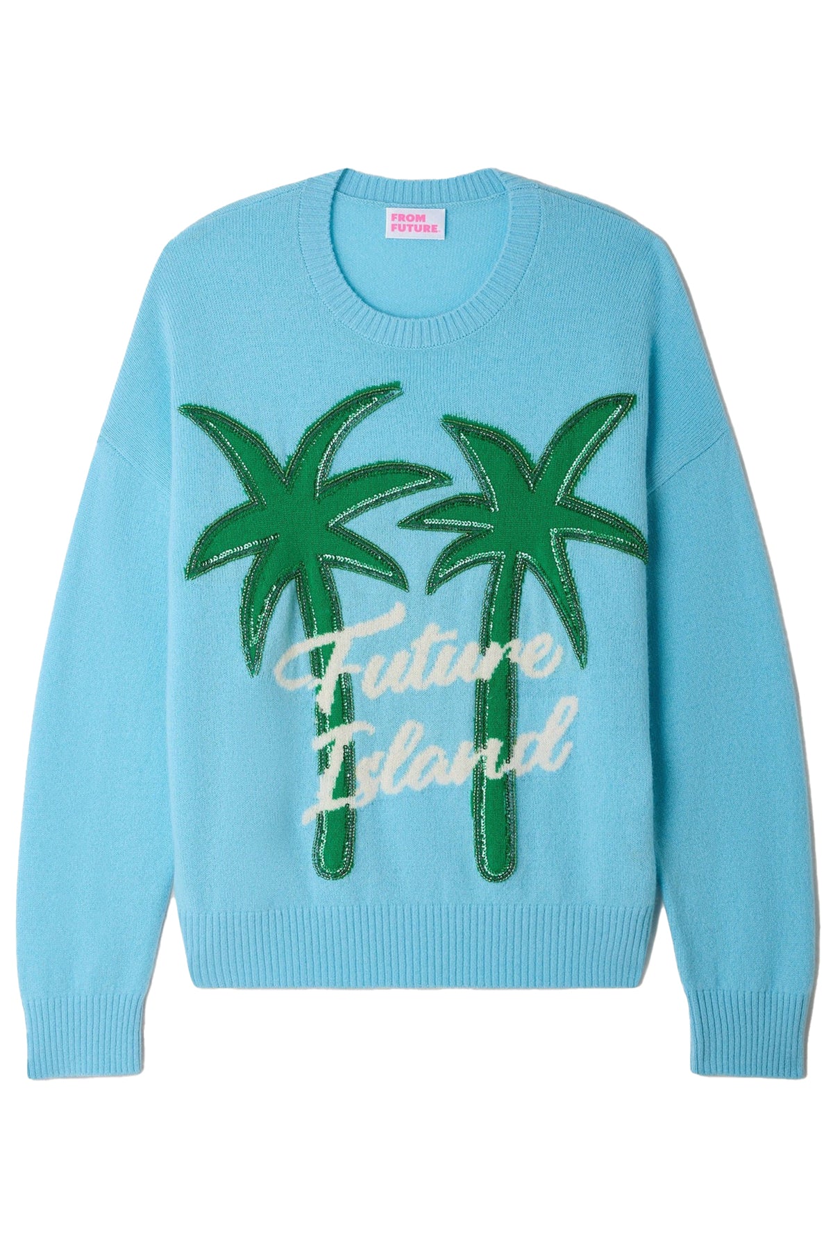 FROM FUTURE Damen Kaschmirpullover mit Palmenmotiv Blau BLAU Bild 1