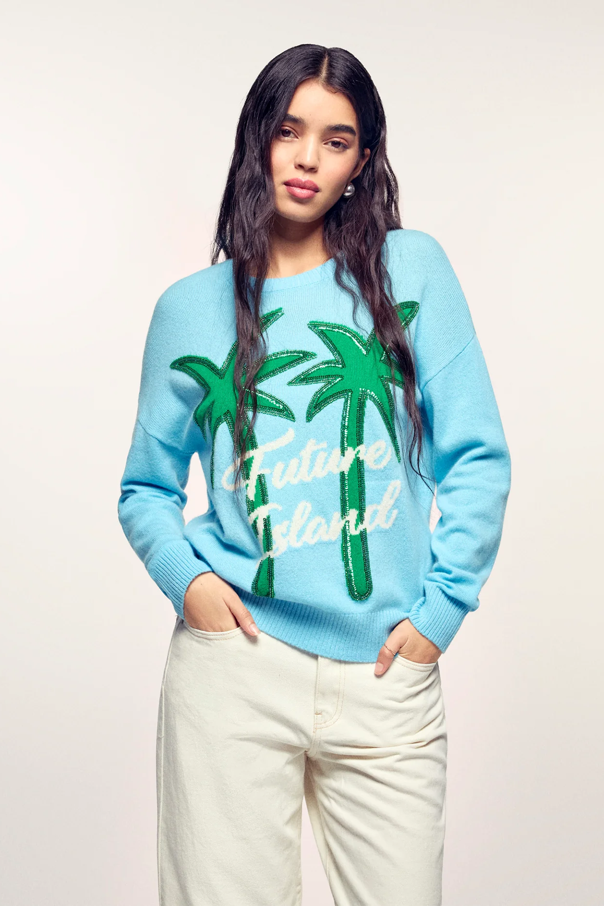 FROM FUTURE Damen Kaschmirpullover mit Palmenmotiv Blau BLAU Bild 2