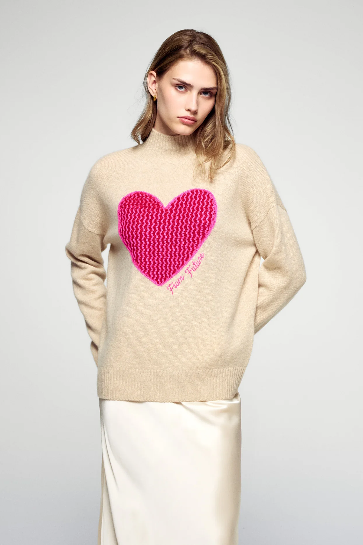 FROM FUTURE Damen Kaschmirpullover mit Stehkragen Beige BEIGE Bild 2