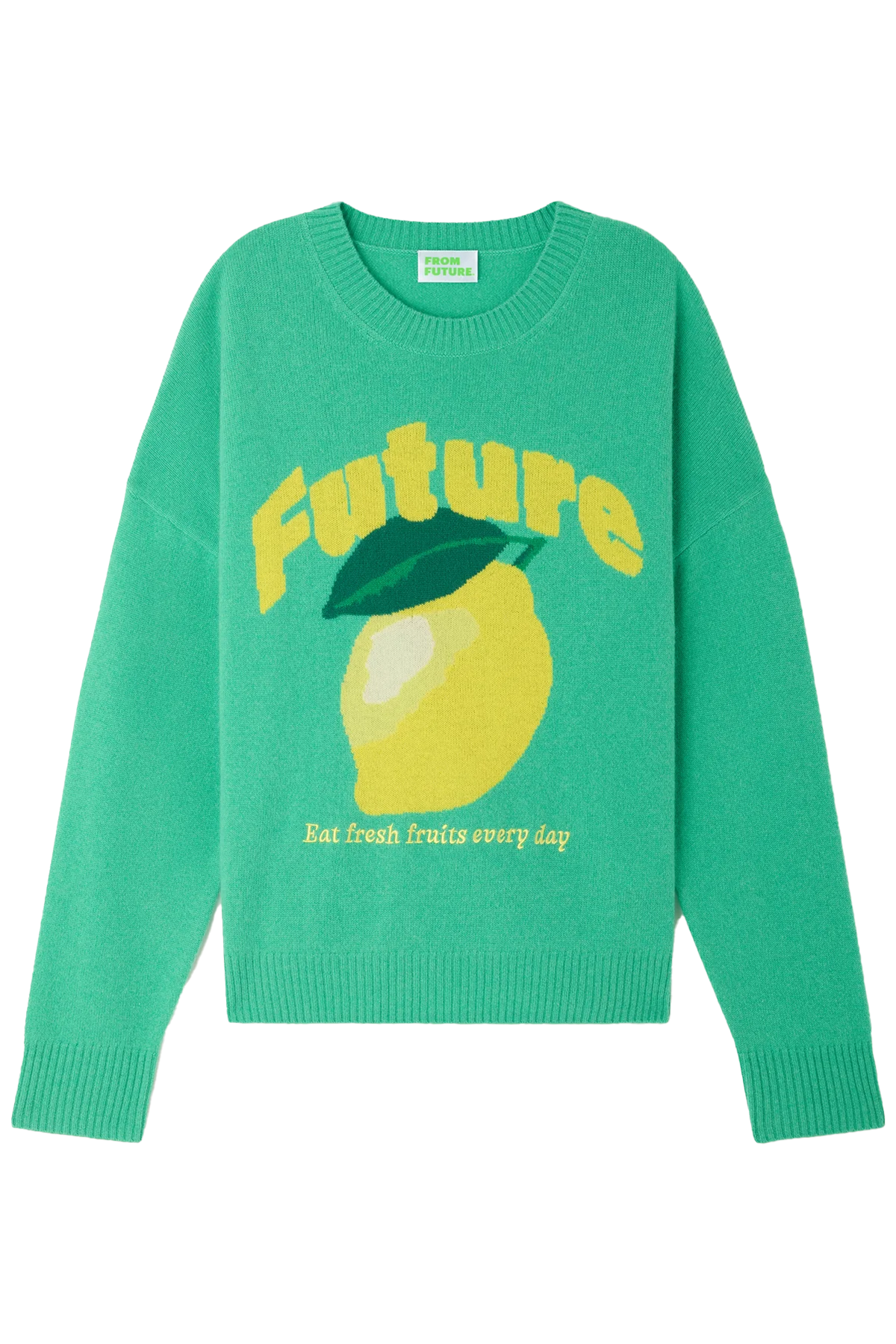 FROM FUTURE Damen Kaschmirpullover mit Zitronenmotiv Grün GRÜN Bild 1