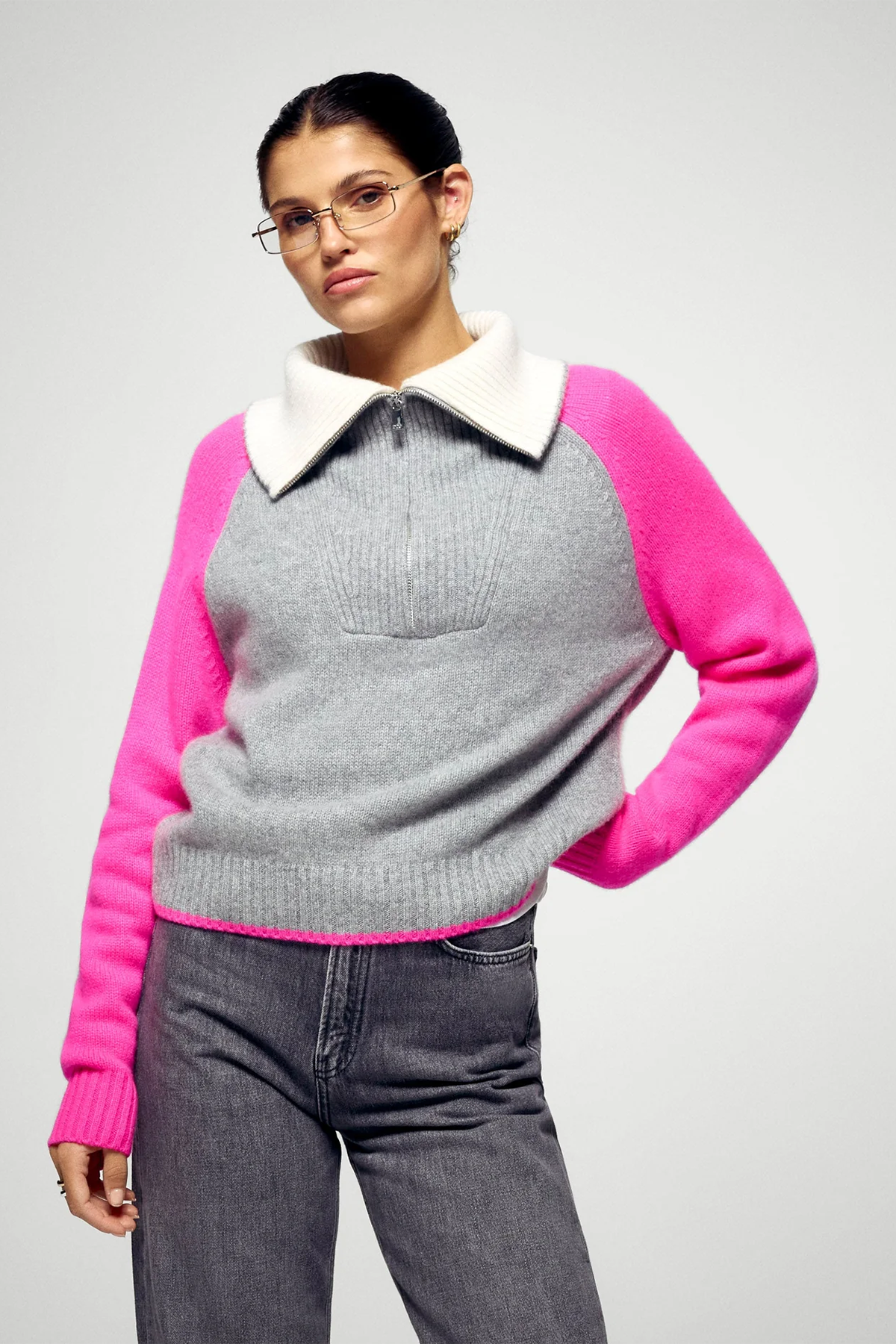 FROM FUTURE Damen Kaschmirpullover Troyerkragen Grau/Pink 1500 GRIS CHINE FONCE Bild 2