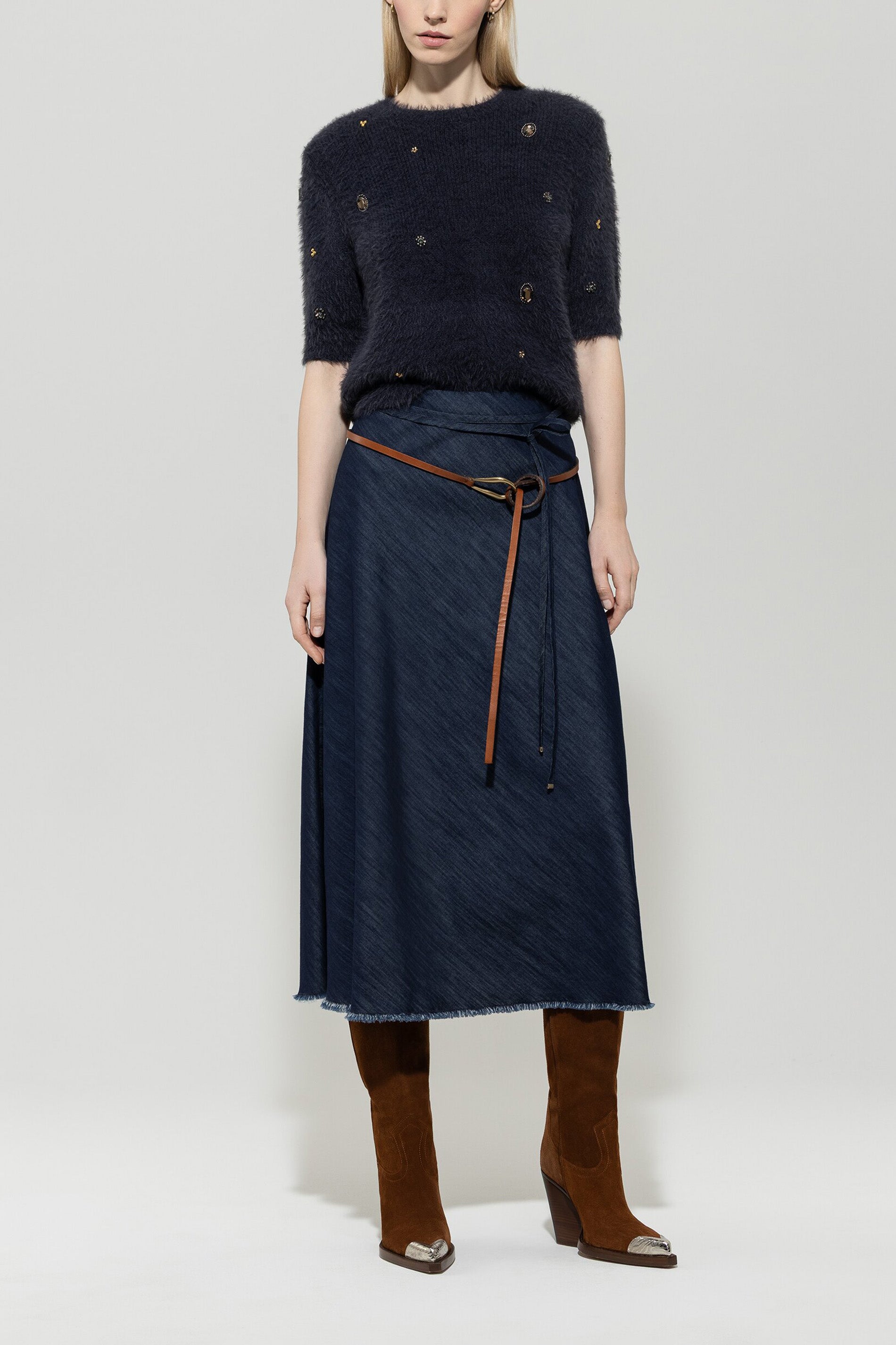 Luisa Cerano Damen Kurzarm-Pullover mit Schmucksteinen, Dunkelblau dark blue Bild 2