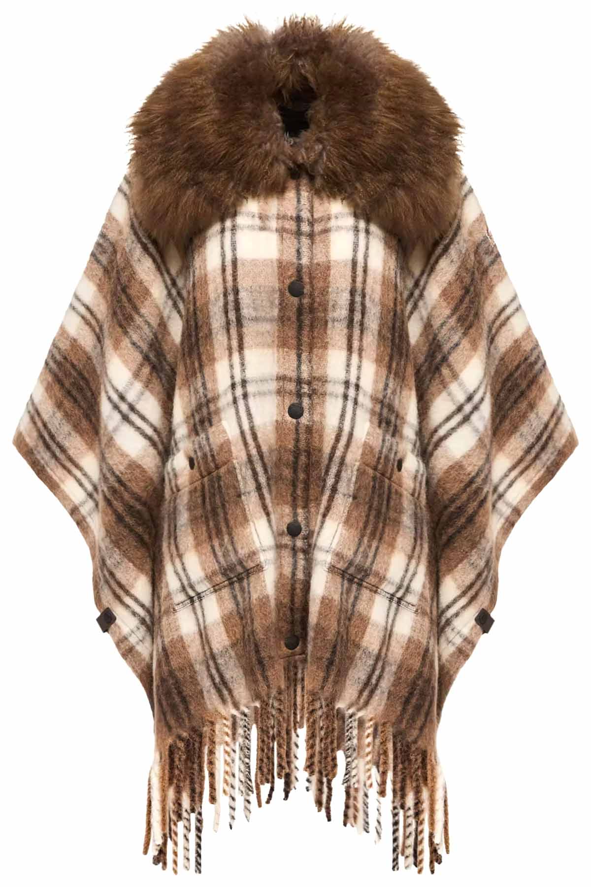 Moncler Grenoble kariertes Damen Cape mit Lammfellkragen Braun/Weiss BEIGE Bild 1