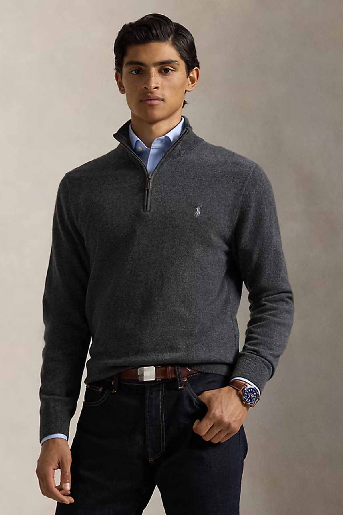Polo Ralph Lauren Herren Quarter-Zip-Strickpullover Dark Charcoal Heather GRAU Bild 2