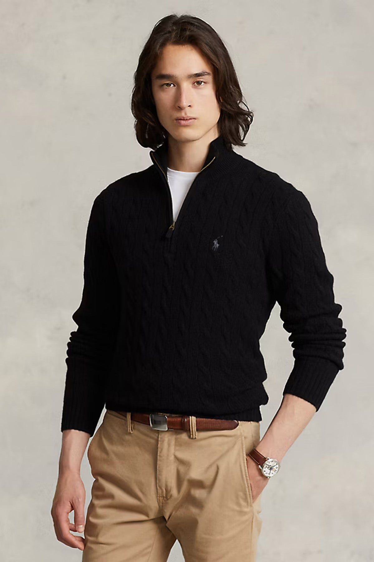Polo Ralph Lauren Herren Strickpullover mit Zopfmuster und Reißverschluss Schwarz SCHWARZ Bild 2