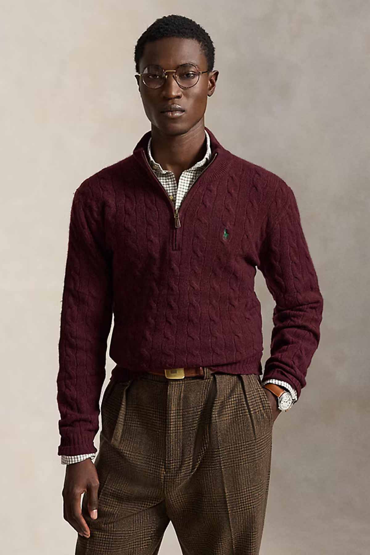 Polo Ralph Lauren Herren Strickpullover mit Zopfmuster und Reißverschluss Antik-Weinrot DUNKELROT Bild 2