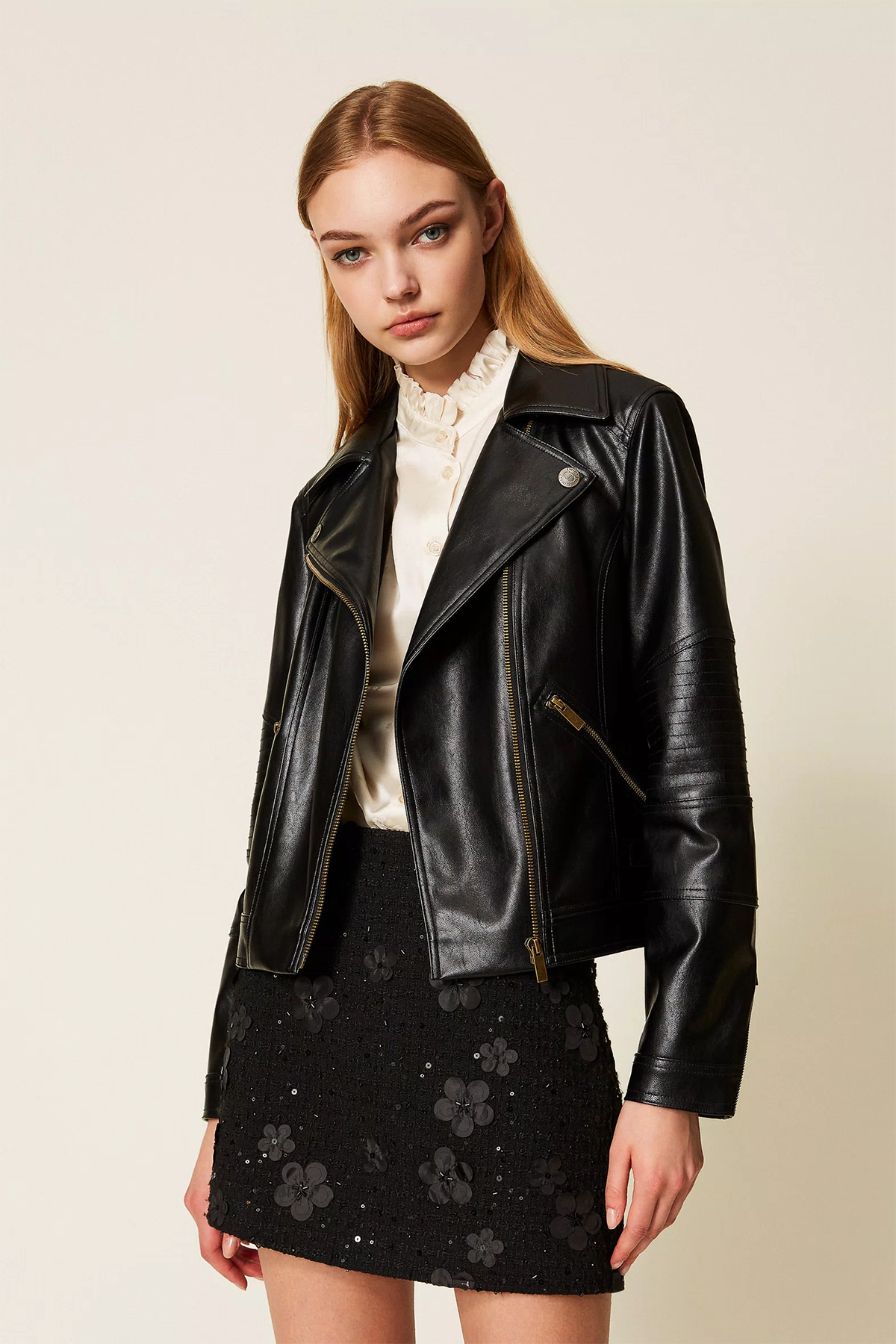 Twin Set Damen Bikerjacke aus Lederimitat, Schwarz 00006-NERO Bild 2