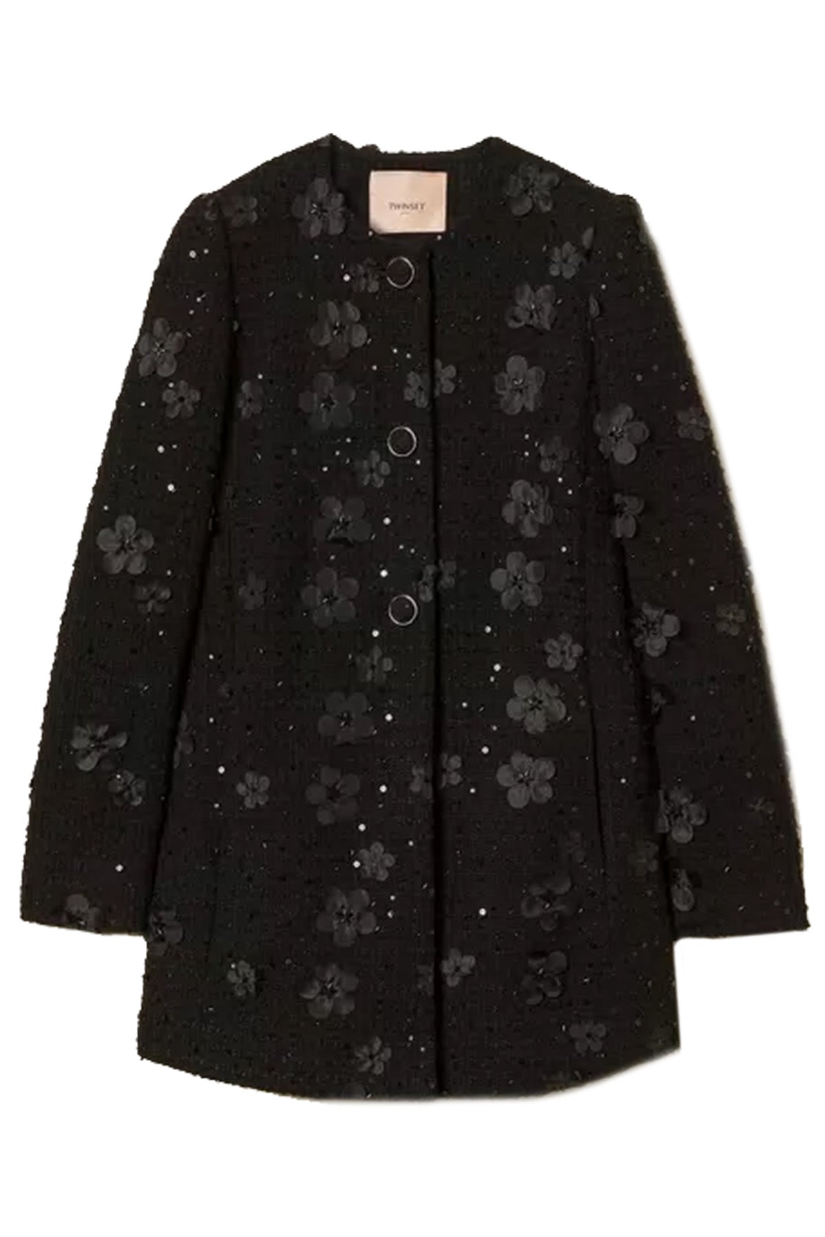 Twin Set Damen Bouclé-Mantel mit Blumen und Pailletten, Schwarz 12733 Bild 1