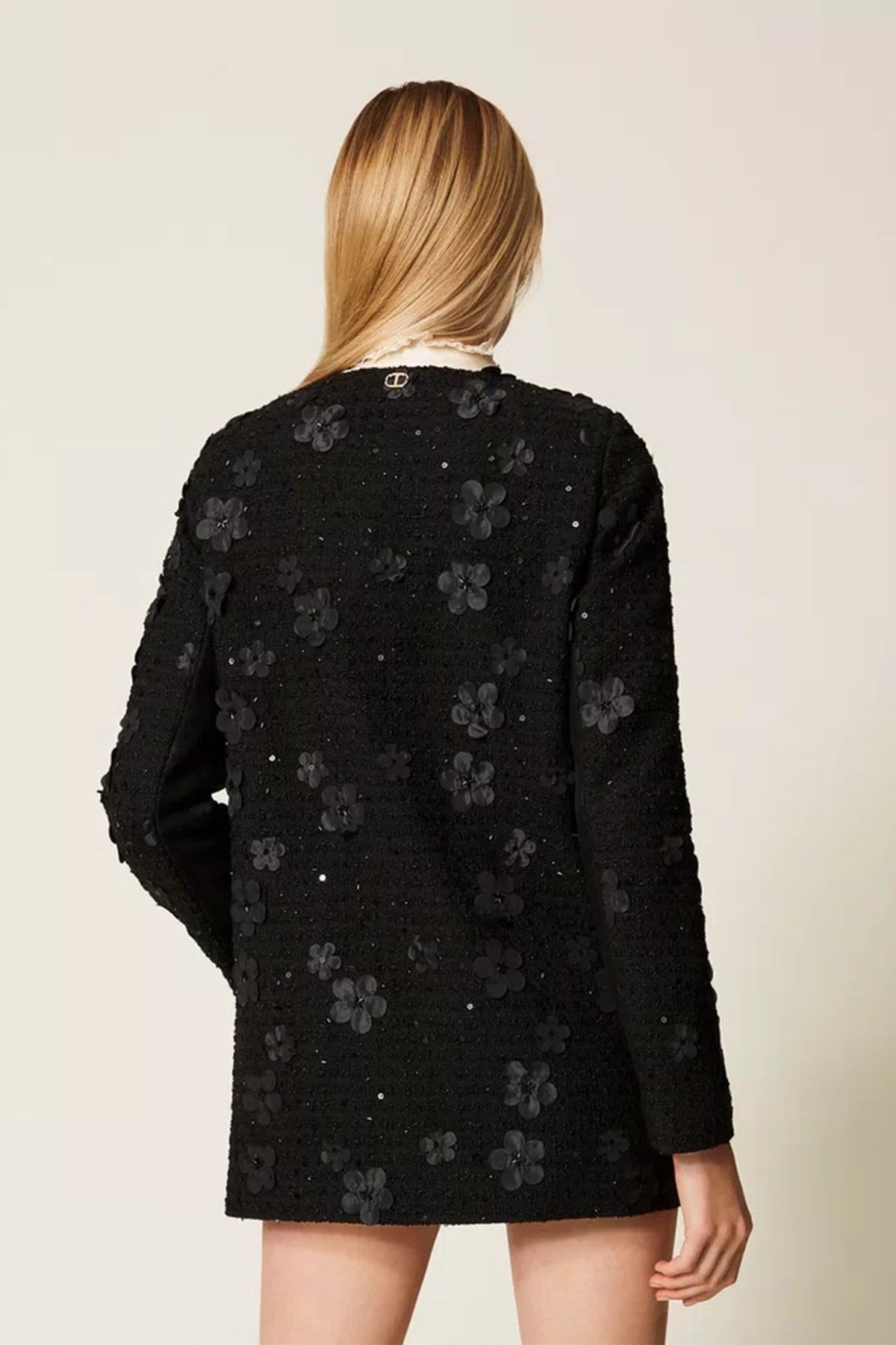 Twin Set Damen Bouclé-Mantel mit Blumen und Pailletten, Schwarz 12733 Bild 4