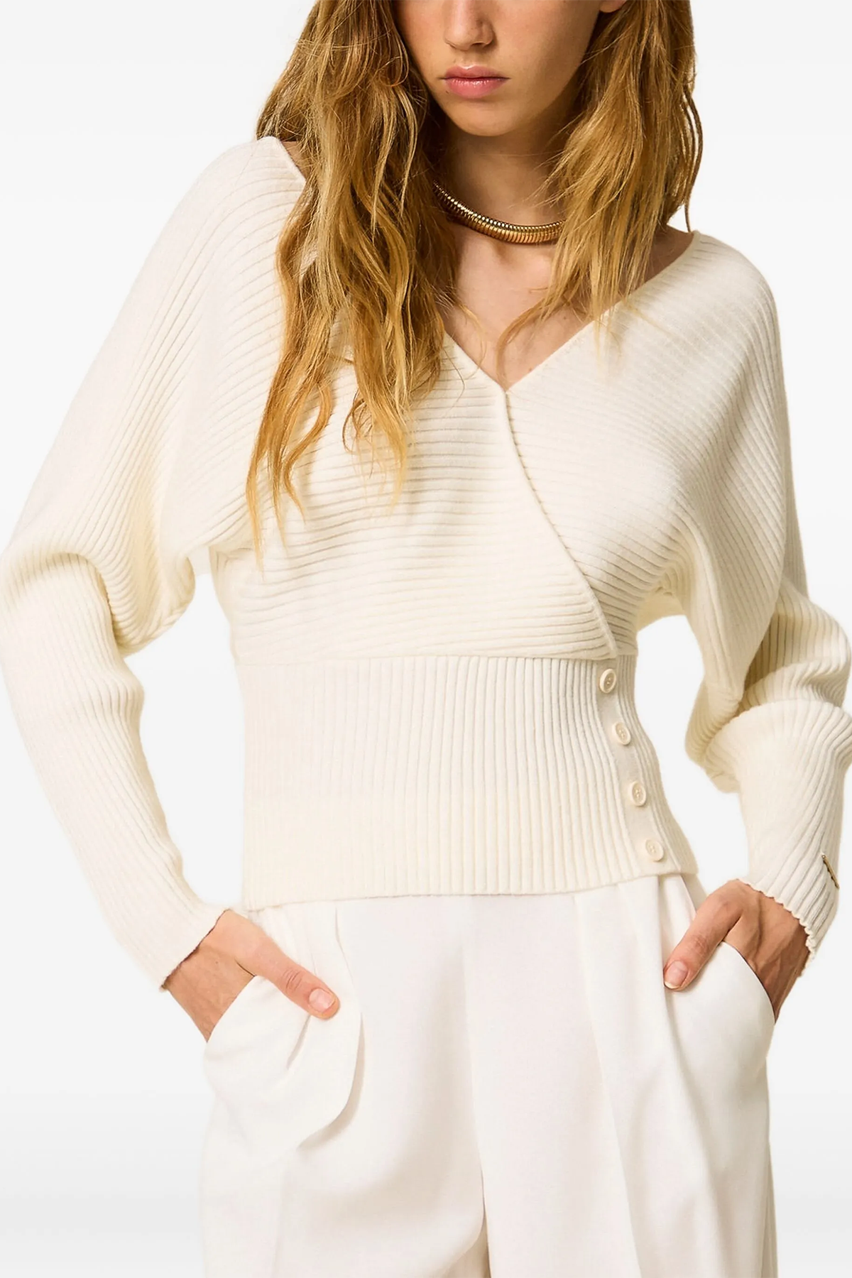 Twin Set Damen gerippter Pullover, Creme 00526 Bild 2
