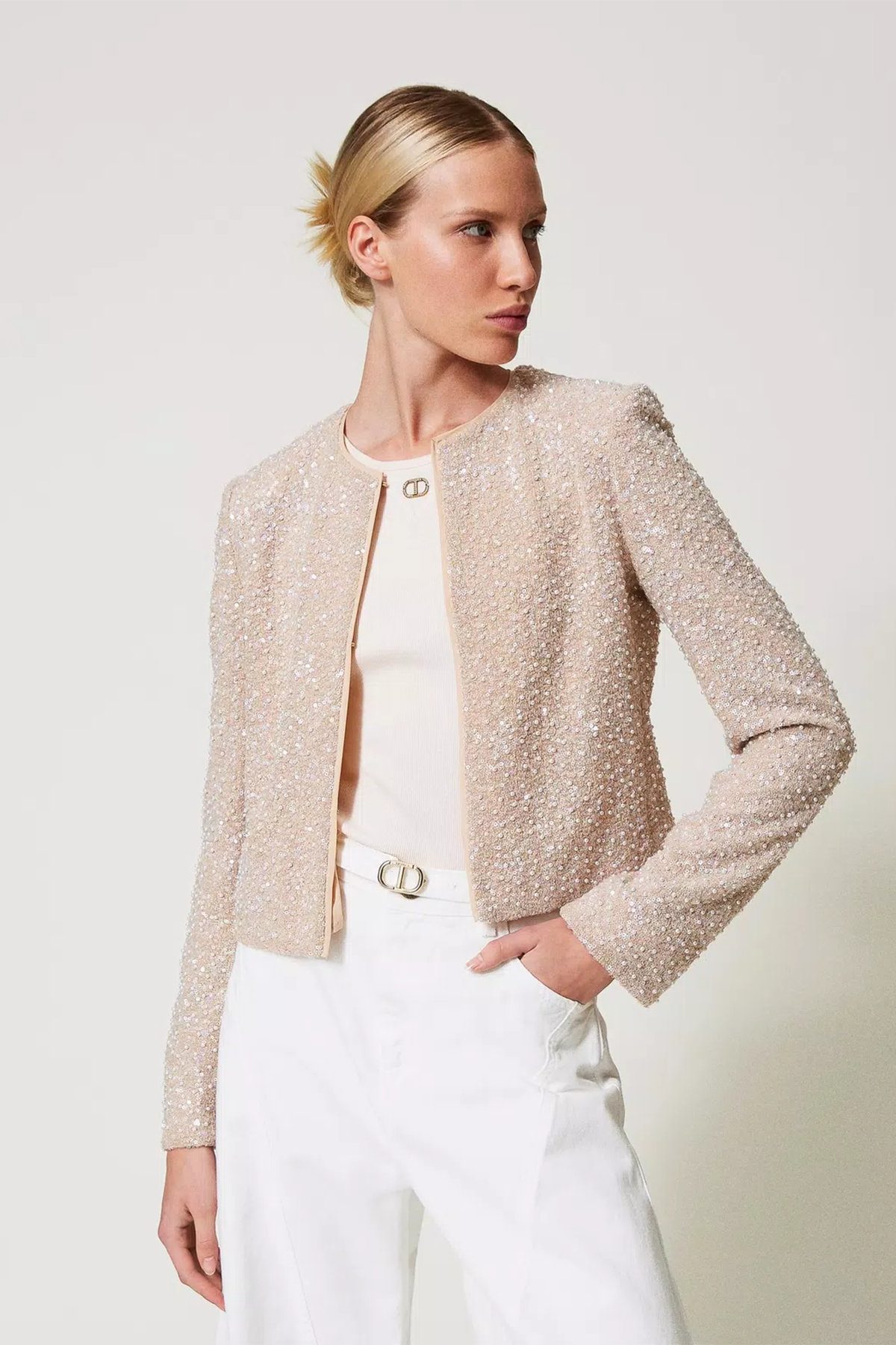 Twin Set Damen Jacke mit Pailletten und Perlen Beige BEIGE Bild 3