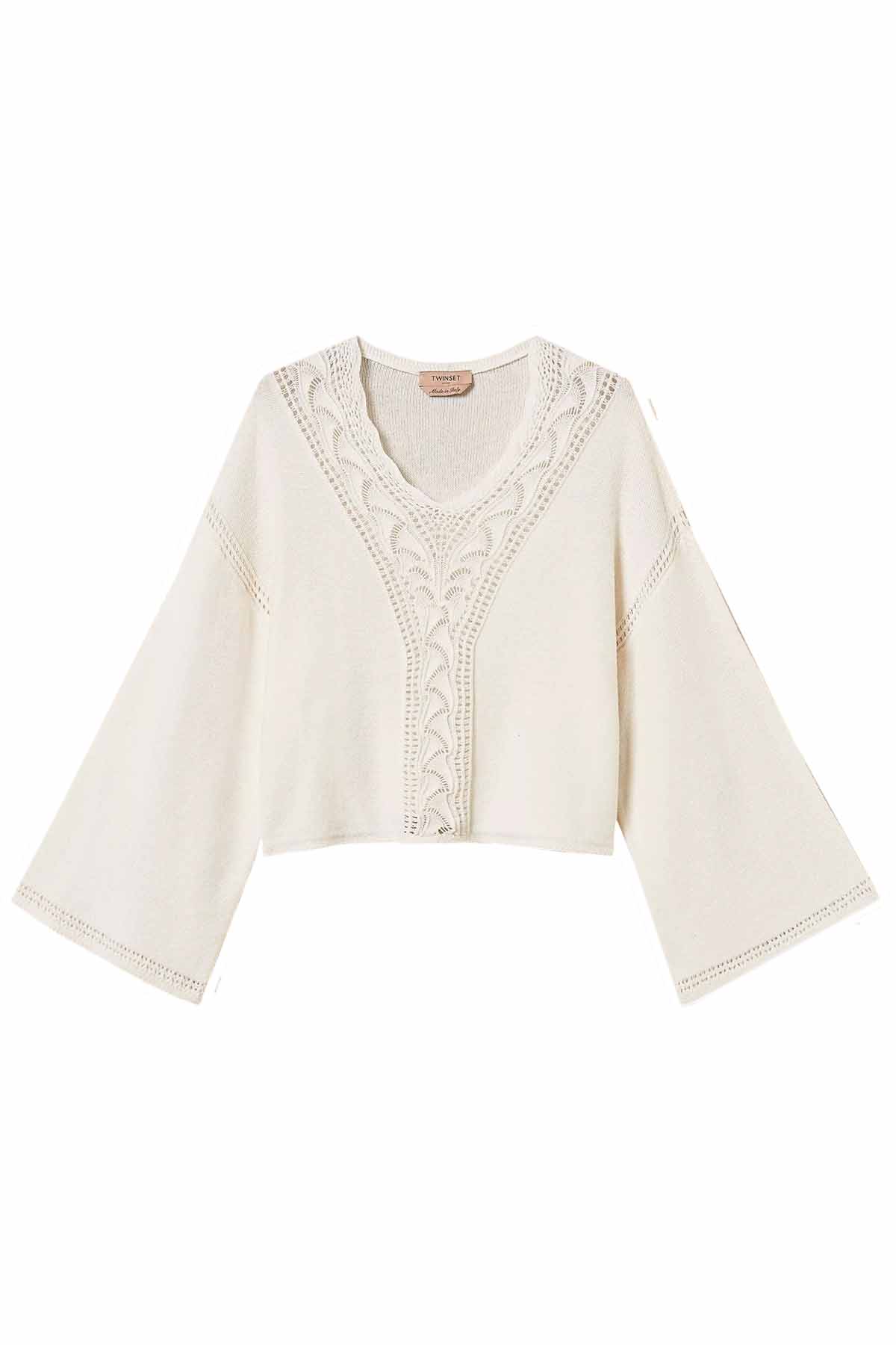 Twin Set Damen Strickpullover mit Durchbruchmuster Weiss 00059 Bild 1
