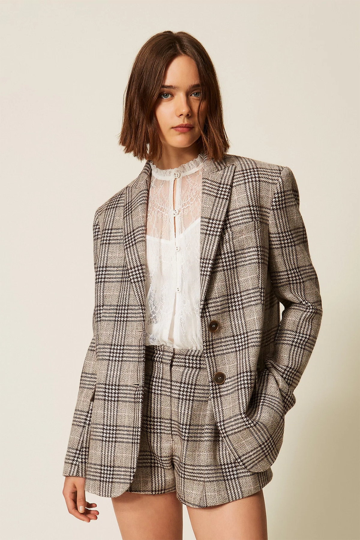 Twin Set karierter Damen Blazer Beige ANTHRAZIT GRAU Bild 2